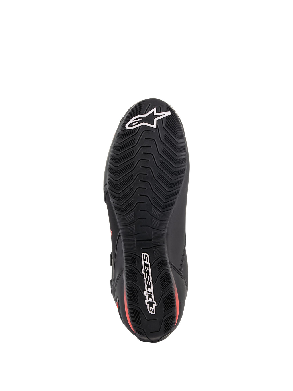 Sapatos Alpinestars Faster-3 Drystar®, sapatos de motociclismo, pretos e vermelho fluo, vista da parte inferior da sola, sola de borracha texturizada com rasto ondulado, logótipos brancos da estrela e marca Alpinestars, calçado de performance impermeável