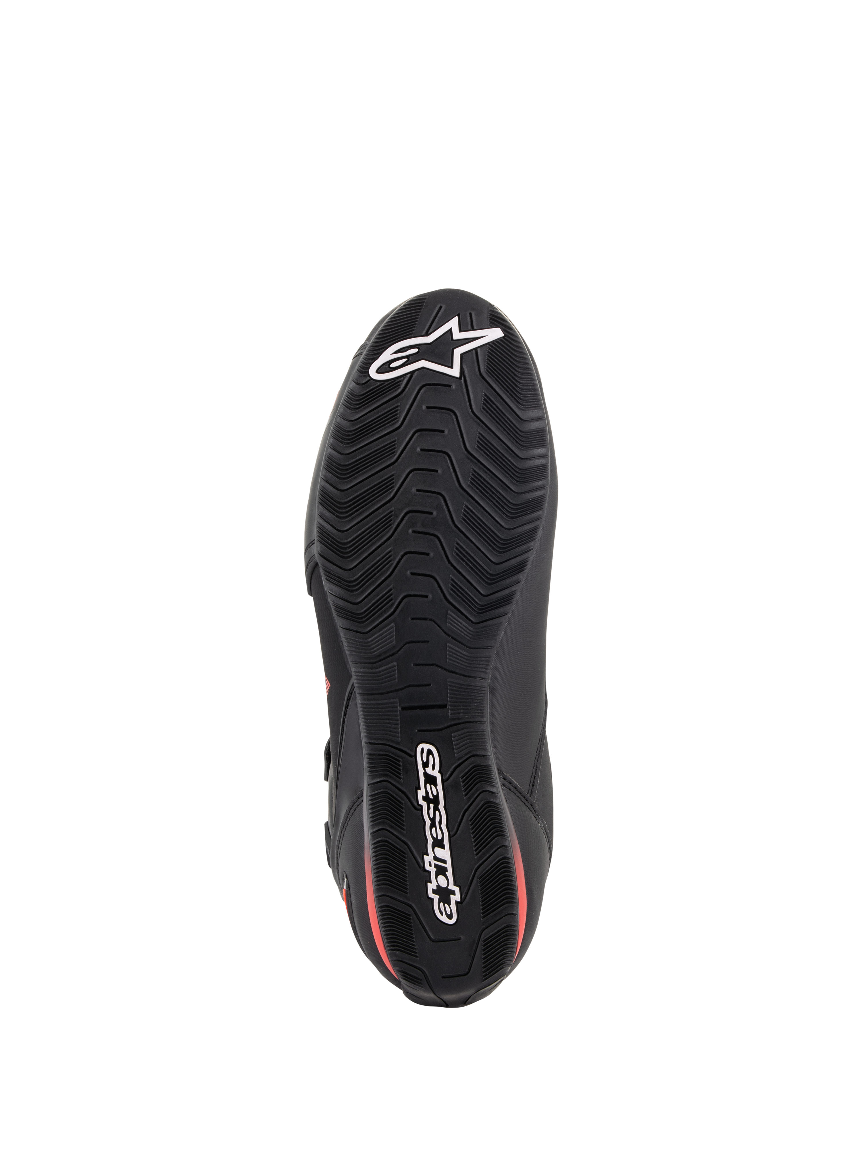 Sapatos Alpinestars Faster-3 Drystar®, sapatos de motociclismo, pretos e vermelho fluo, vista da parte inferior da sola, sola de borracha texturizada com rasto ondulado, logótipos brancos da estrela e marca Alpinestars, calçado de performance impermeável