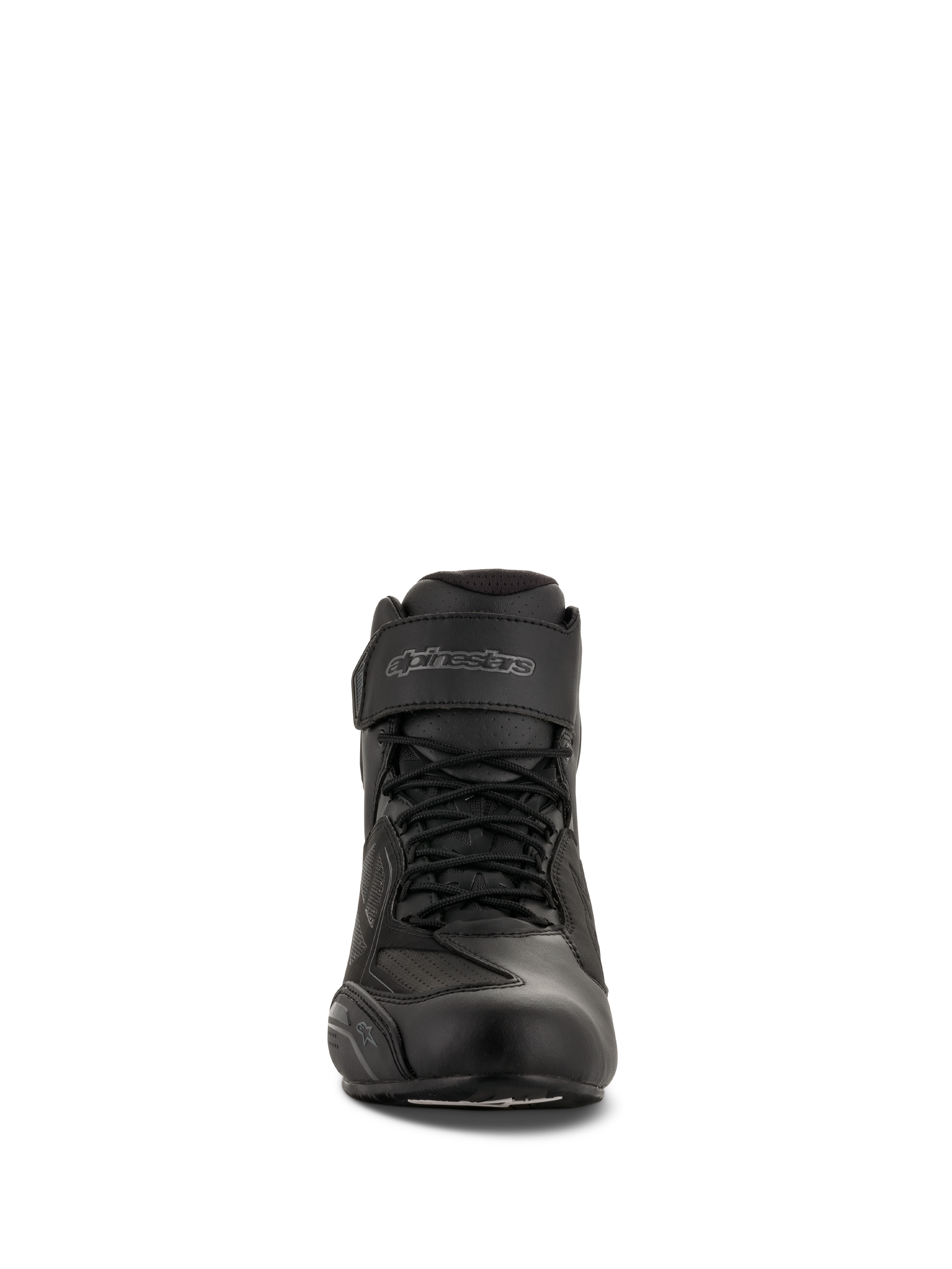 Alpinestars Faster-3 Drystar® Riding Shoes, Black Cool Gray, front view showing lace closure and Velcro ankle strap, waterproof microfiber motorcycle footwear.