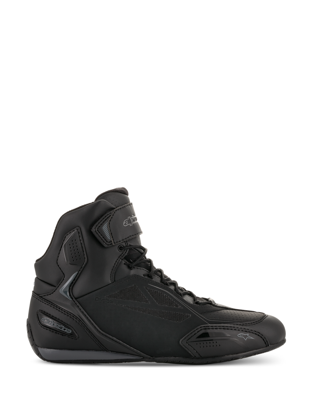 Alpinestars Faster-3 Drystar Riding Shoes, Black and Cool Gray Motorcycle Sneakers, High-top design with lace closure and Velcro strap, waterproof microfiber chassis, sporty road riding footwear