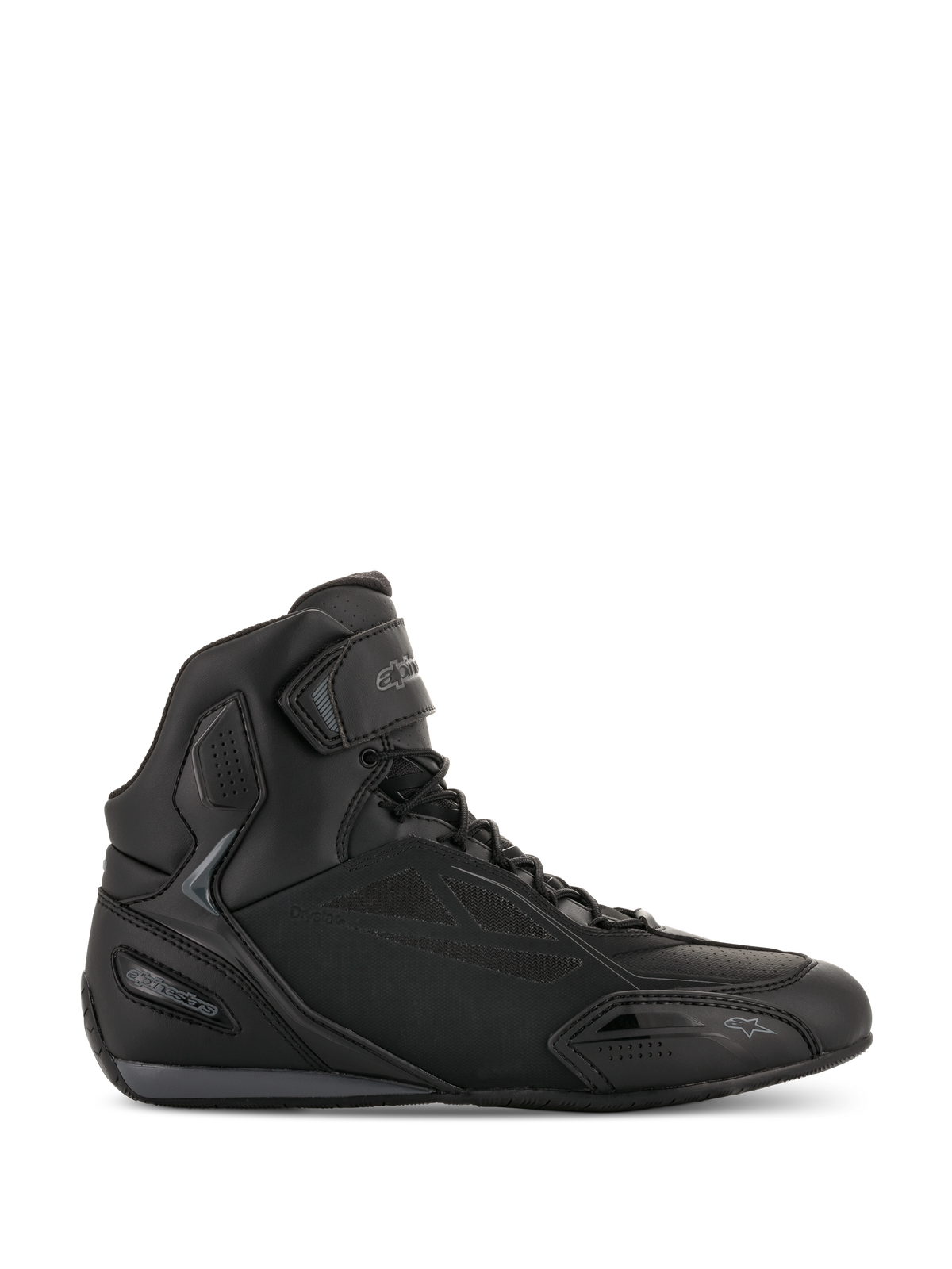 Alpinestars Faster-3 Drystar, sapatilhas de motociclismo de cano alto, pretas e cinzento 'Cool Gray', fecho de atacadores e tira de velcro, chassi em microfibra impermeável, calçado desportivo para condução em estrada