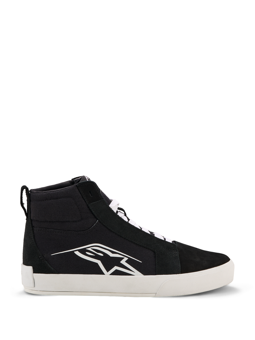 Alpinestars Ride-63 Canvas Shoes, sapatos de motociclismo urbano, pretos e brancos, logótipo Astars branco de grandes dimensões na lateral, sola plana branca espessa, atacadores brancos, design casual de sapatilha de cano alto