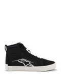 Alpinestars Ride-63 Canvas Shoes, sapatos de motociclismo urbano, pretos e brancos, logótipo Astars branco de grandes dimensões na lateral, sola plana branca espessa, atacadores brancos, design casual de sapatilha de cano alto