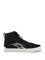 Alpinestars Ride-63 Canvas Shoes, sapatos de motociclismo urbano, pretos e brancos, logótipo Astars branco de grandes dimensões na lateral, sola plana branca espessa, atacadores brancos, design casual de sapatilha de cano alto