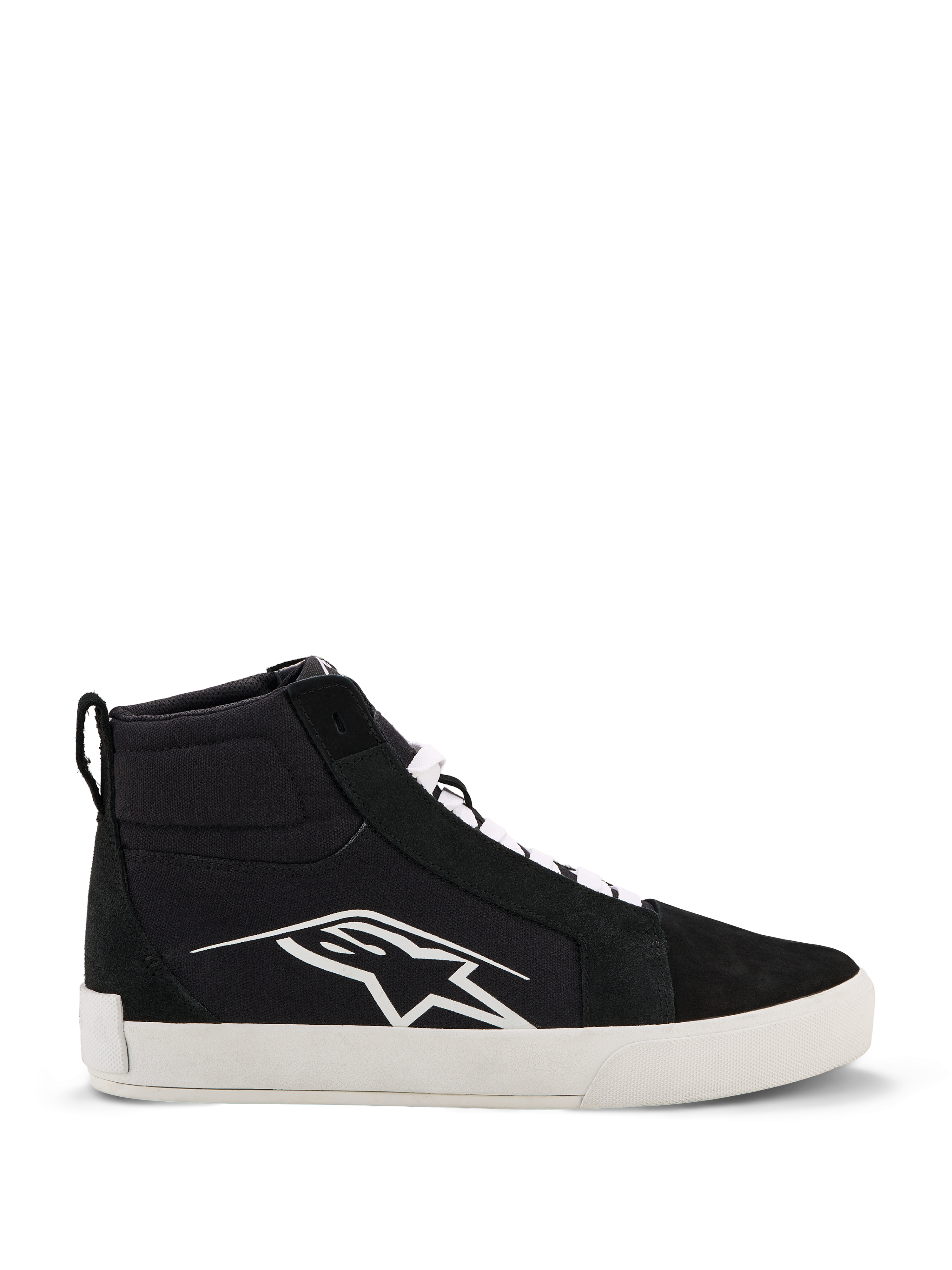 Alpinestars Ride-63 Canvas Shoes, sapatos de motociclismo urbano, pretos e brancos, logótipo Astars branco de grandes dimensões na lateral, sola plana branca espessa, atacadores brancos, design casual de sapatilha de cano alto
