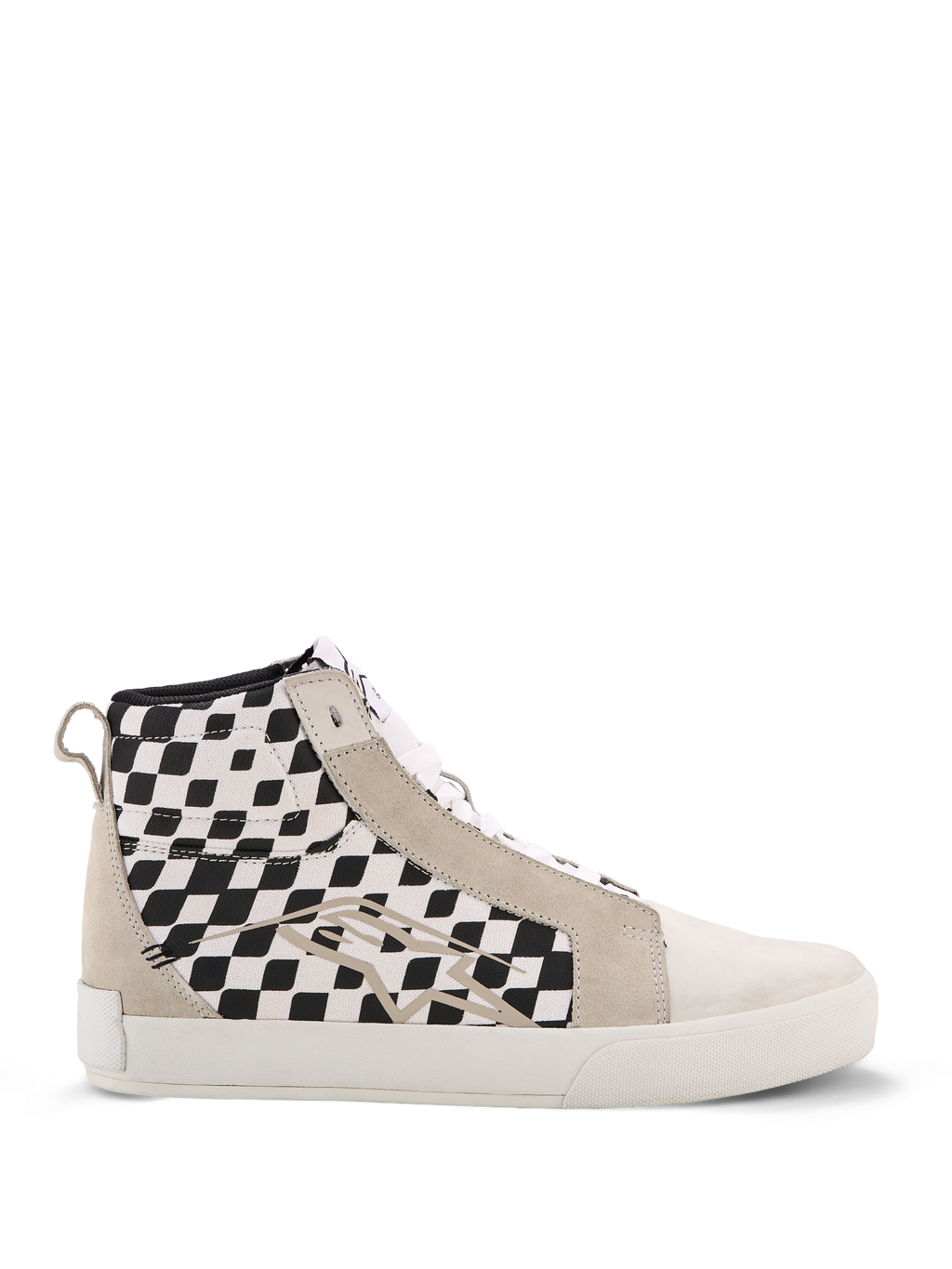 Alpinestars Ride-63 Canvas Shoes, ténis de motociclismo urbanos de cano alto, painéis laterais com padrão xadrez preto e branco, sobreposições em camurça bege, sola vulcanizada branca, calçado casual inspirado no desporto motorizado