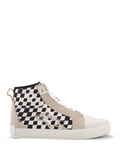 Alpinestars Ride-63 Canvas Shoes, ténis de motociclismo urbanos de cano alto, painéis laterais com padrão xadrez preto e branco, sobreposições em camurça bege, sola vulcanizada branca, calçado casual inspirado no desporto motorizado