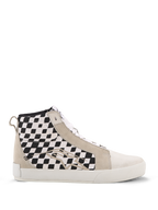 Alpinestars Ride-63 Canvas Shoes, ténis de motociclismo urbanos de cano alto, painéis laterais com padrão xadrez preto e branco, sobreposições em camurça bege, sola vulcanizada branca, calçado casual inspirado no desporto motorizado