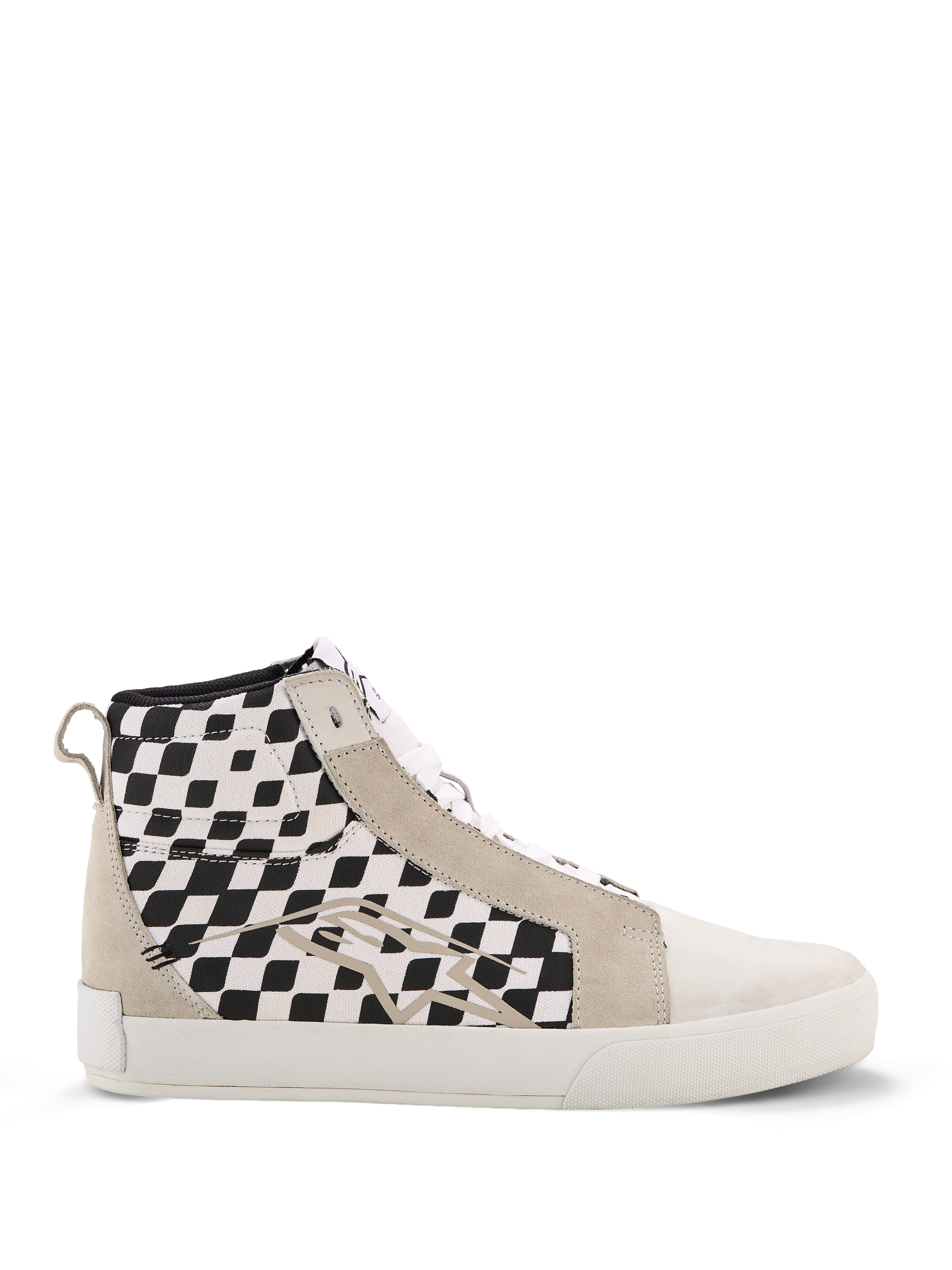 Alpinestars Ride-63 Canvas Shoes, ténis de motociclismo urbanos de cano alto, painéis laterais com padrão xadrez preto e branco, sobreposições em camurça bege, sola vulcanizada branca, calçado casual inspirado no desporto motorizado