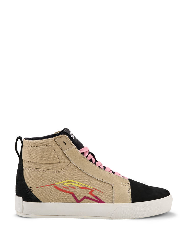 Alpinestars Ride-63 Canvas Shoes, High-Top Sneakers, Beige and Black, Pink Laces, White Sole, Multicolored Star Logo in Red and Yellow, Suede-Like Texture, Casual Motorsport-Inspired Footwear