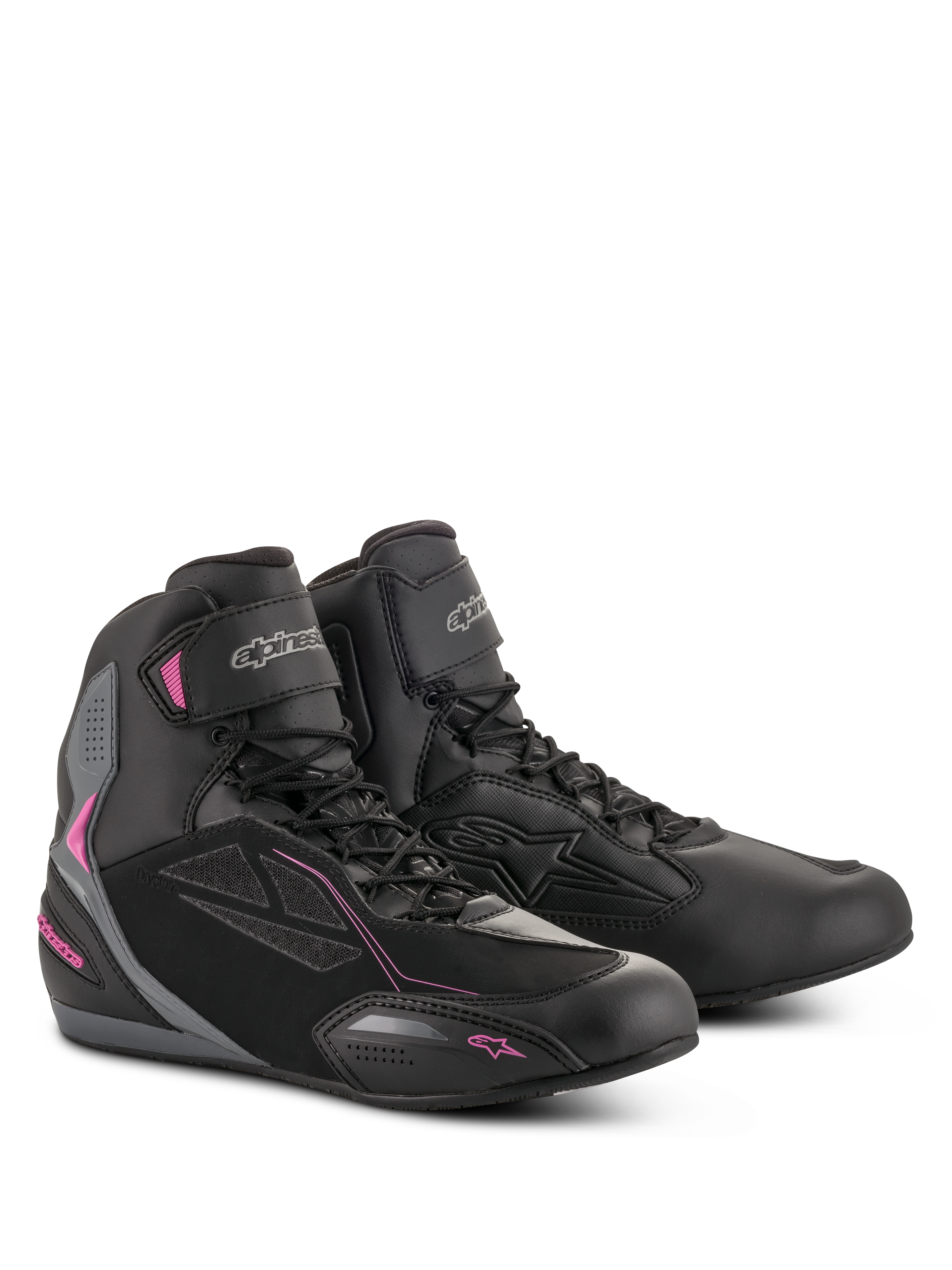 Alpinestars Women Stella Faster-3 Drystar Shoes, Motorcycle Riding Shoes, Black Dark Gray and Fuchsia, waterproof microfiber and PU suede construction, lace-up closure with hook-and-loop ankle strap, sleek urban sport design