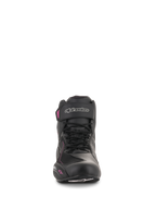 Alpinestars Women Stella Faster-3 Drystar® Shoes, Motorcycle Riding Shoes, Black Dark Gray and Fuchsia, front view showing lace-up closure, ankle strap with silver logo, and pink accents on a feminine profile