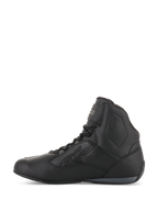 Alpinestars Women Stella Faster-3 Drystar® Shoes, Black and Dark Gray, waterproof motorcycle riding shoes, side profile view featuring a durable microfiber chassis, lace-up closure with ankle strap, and embossed Alpinestars logo.