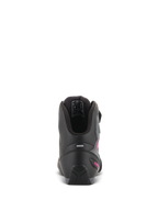 Alpinestars Women Stella Faster-3 Drystar® Shoes, Black Dark Gray Fuchsia, back view of heel showing reflective strip and fuchsia logo, waterproof riding shoes with textured sole and padded collar