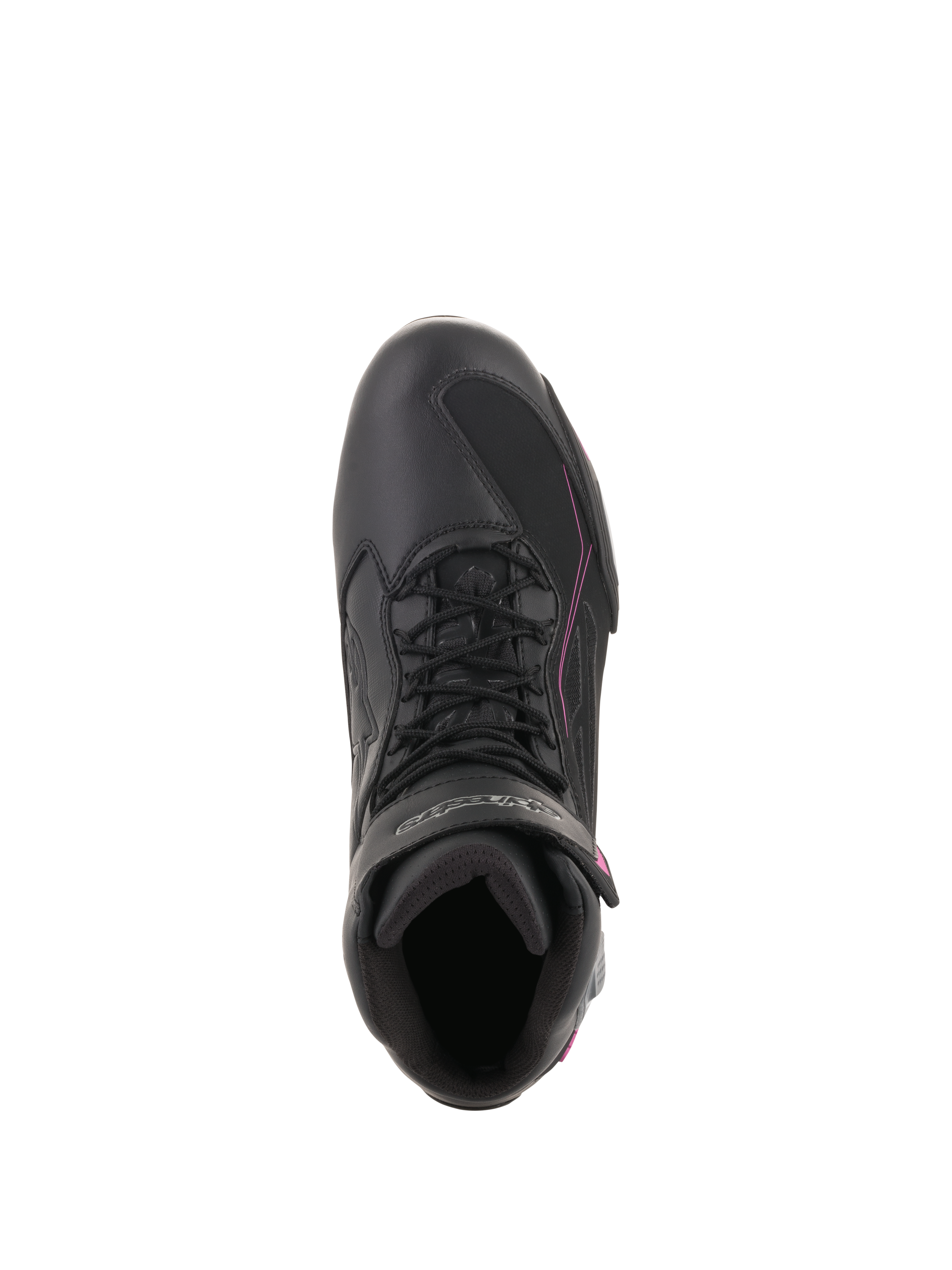 Alpinestars Women Stella Faster-3 Drystar® Shoes, Waterproof Motorcycle Riding Shoes, Black Dark Gray Fuchsia, top-down view showing lace-up closure and hook-and-loop strap, streamlined protective footwear for urban riding.