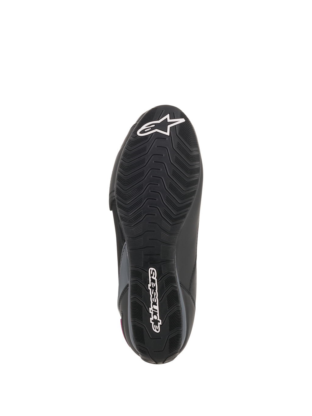 Alpinestars Women Stella Faster-3 Drystar® Shoes, Sole view, Black rubber outsole with textured grip pattern, white Alpinestars star logo and wordmark branding, durable motorcycle footwear construction