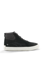 Alpinestars Ride-63 Leather Shoes, Black High-Top Sneakers, Motorcycle Urban Footwear, White Sole, Textured Fabric Ankle Collar, Black Suede Panels, Minimalist Design