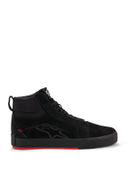 Alpinestars Ride-63 Leather Shoes, Urban Motorcycle Shoes, Black and Bright Red, skate-inspired high-top profile, premium leather and nubuck upper, black vulcanized sole with bright red bottom, subtle logo on the side, casual motorcycle streetwear