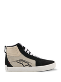 Alpinestars Ride-63 Leather Shoes, High-Top Motorcycle Sneaker, Black, Cool Gray and White, Side Profile with Black A-star Logo, White Vulcanized Sole, Suede Reinforcements, White Laces, Urban Casual Motorsport Footwear