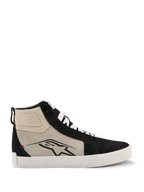 Alpinestars Ride-63 Leather Shoes, High-Top Motorcycle Sneaker, Black, Cool Gray and White, Side Profile with Black A-star Logo, White Vulcanized Sole, Suede Reinforcements, White Laces, Urban Casual Motorsport Footwear