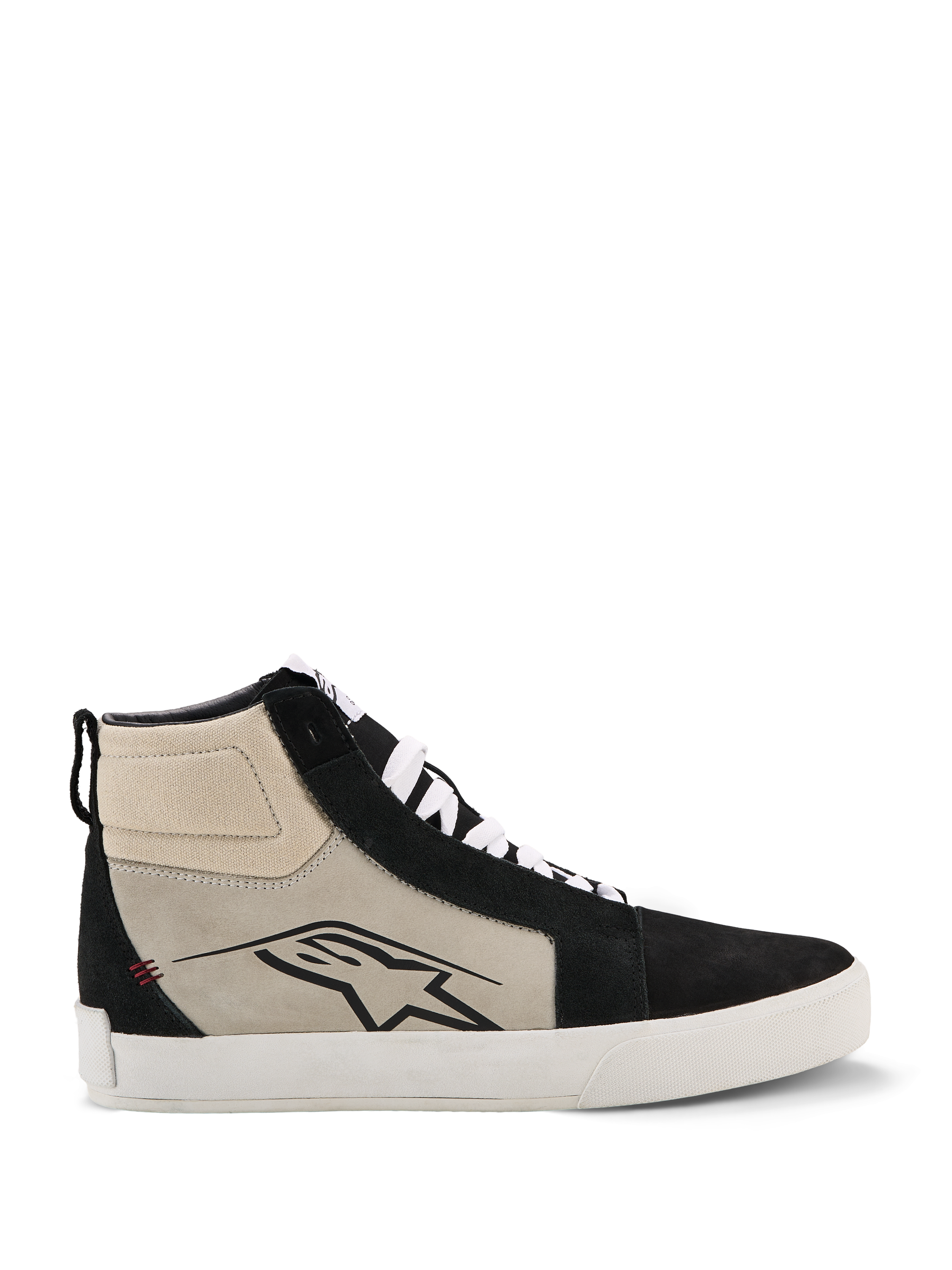 Alpinestars Ride-63 Leather Shoes, High-Top Motorcycle Sneaker, Black, Cool Gray and White, Side Profile with Black A-star Logo, White Vulcanized Sole, Suede Reinforcements, White Laces, Urban Casual Motorsport Footwear