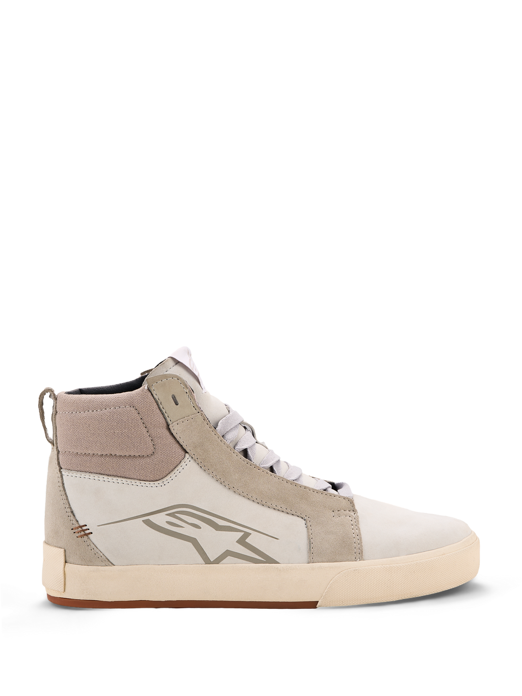 Alpinestars Ride-63 Leather Shoes, sapatos de motociclismo urbanos, Off White e Cool Gray com sola de borracha, design de cano alto com painéis em pele e camurça, logótipo de estrela Alpinestars na lateral e sola exterior de borracha vulcanizada texturizada.