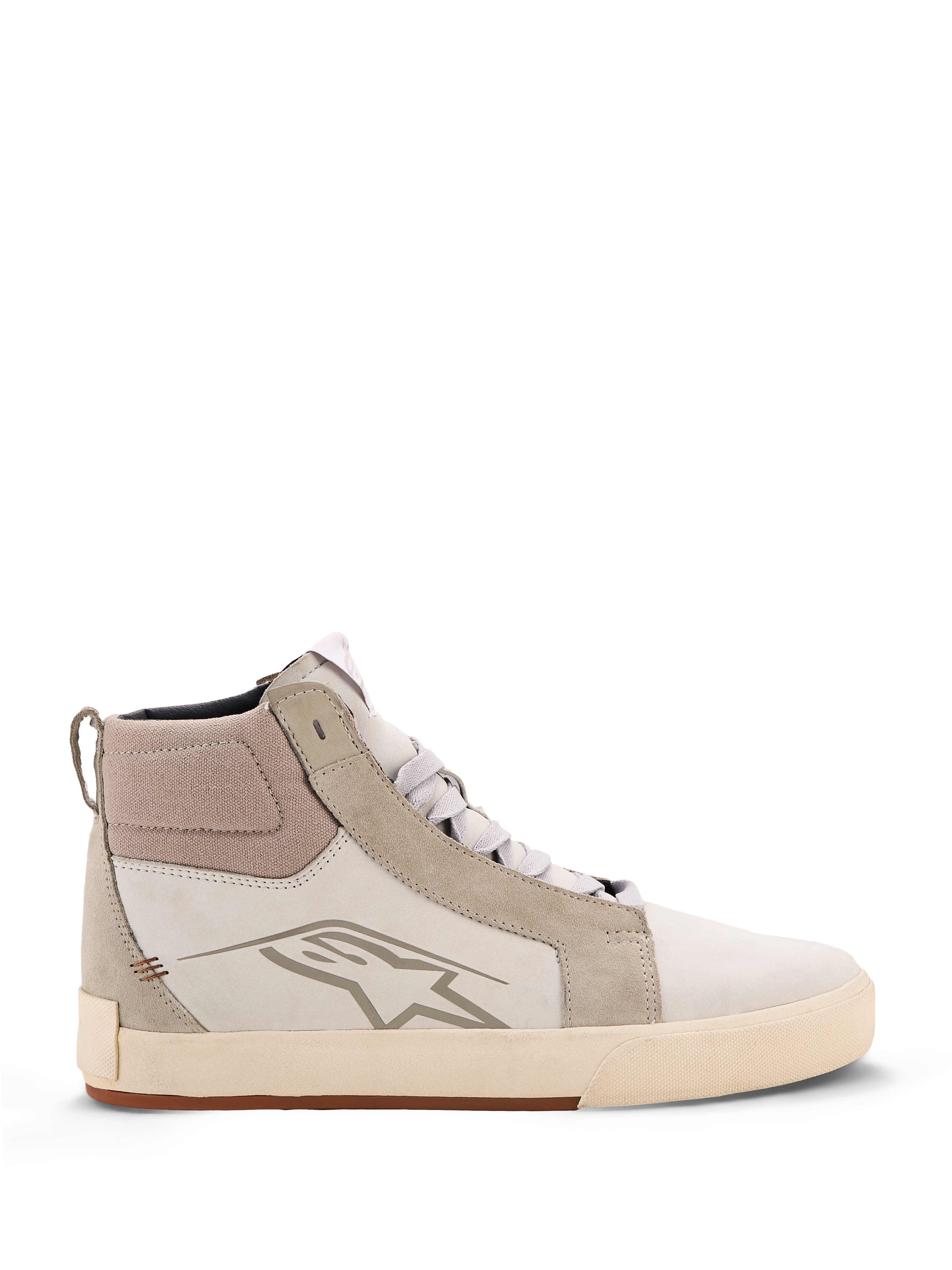Alpinestars Ride-63 Leather Shoes, sapatos de motociclismo urbanos, Off White e Cool Gray com sola de borracha, design de cano alto com painéis em pele e camurça, logótipo de estrela Alpinestars na lateral e sola exterior de borracha vulcanizada texturizada.