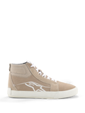 Alpinestars Ride-63 Leather Shoes, Urban Motorcycle Shoes, Sand and White, high-top street-style silhouette with suede panels, featuring white laces, a white Astars logo on the side, and a white vulcanized rubber sole