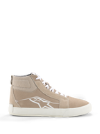 Alpinestars Ride-63 Leather Shoes, Urban Motorcycle Shoes, Sand and White, high-top street-style silhouette with suede panels, featuring white laces, a white Astars logo on the side, and a white vulcanized rubber sole