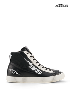 Alpinestars Stated Flair Shoes, men's urban motorcycle riding shoes in black and white, high-top leather design with CE-certified ankle protection and vintage racing patina