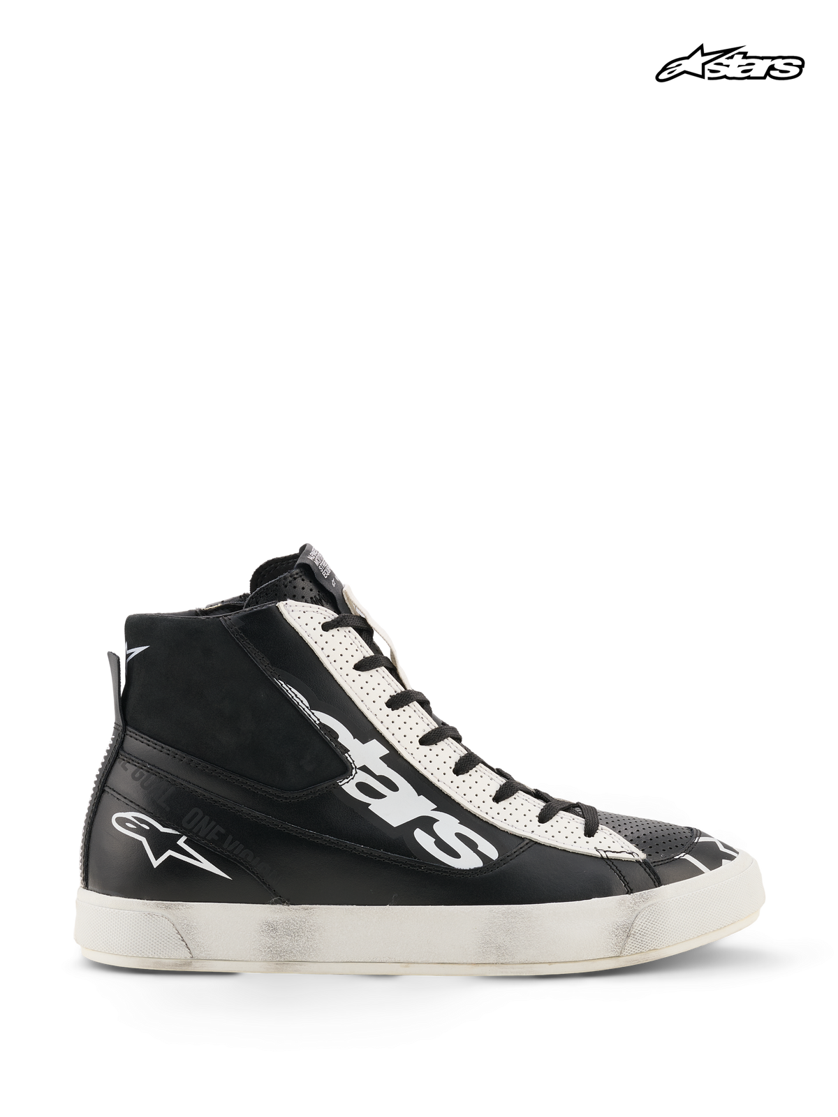 Alpinestars Stated Flair Shoes, sapatos de moto urbanos para homem, preto e branco, design em couro de cano alto com proteção de tornozelo certificada CE e pátina vintage de corrida