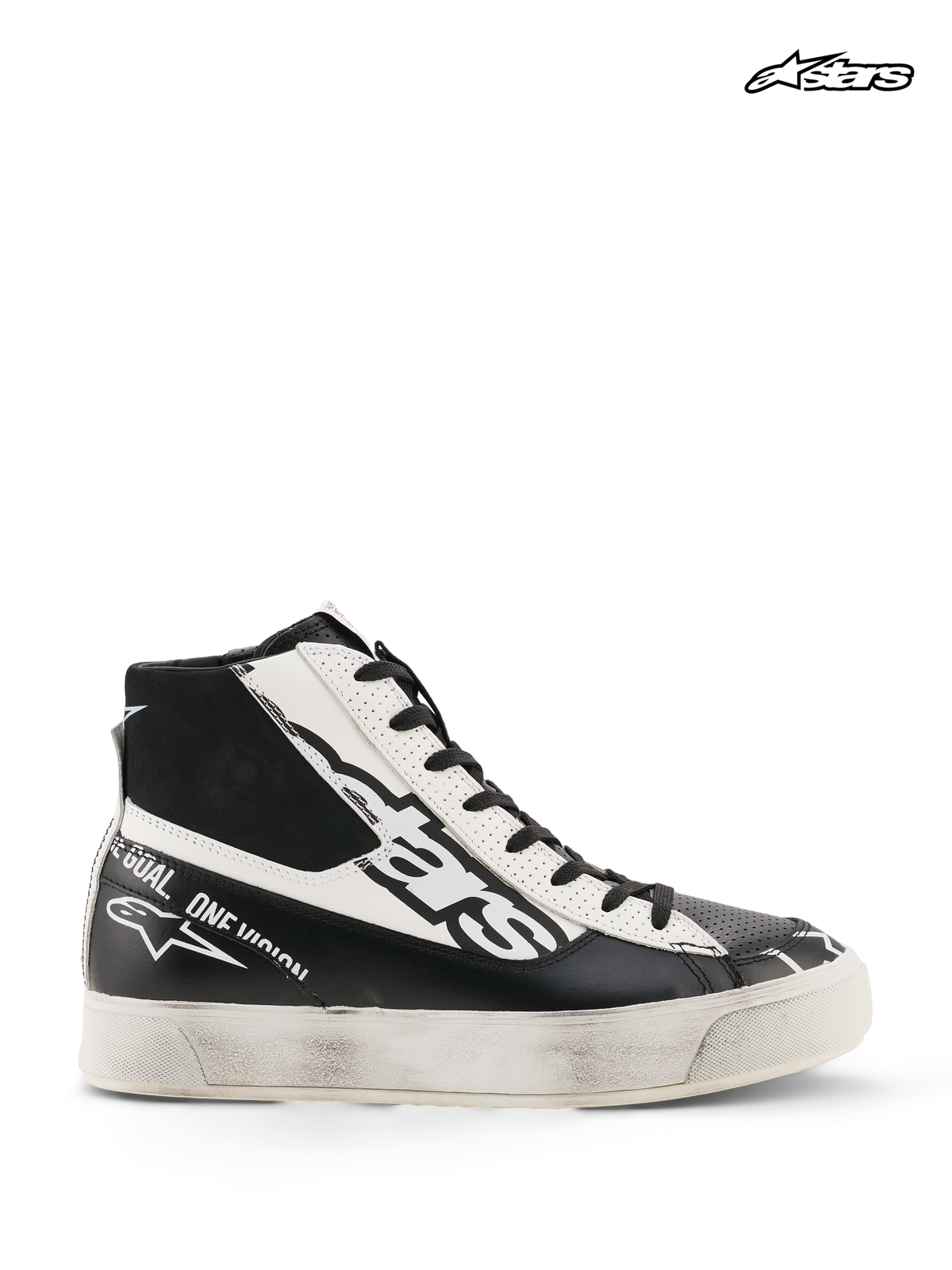 Alpinestars Stella Stated Flair, sapatos de moto urbanos para mulher, cano alto, preto e branco, com proteção de tornozelo TPF e certificação CE, vista de perfil lateral com acabamento desgastado e sola de borracha vulcanizada