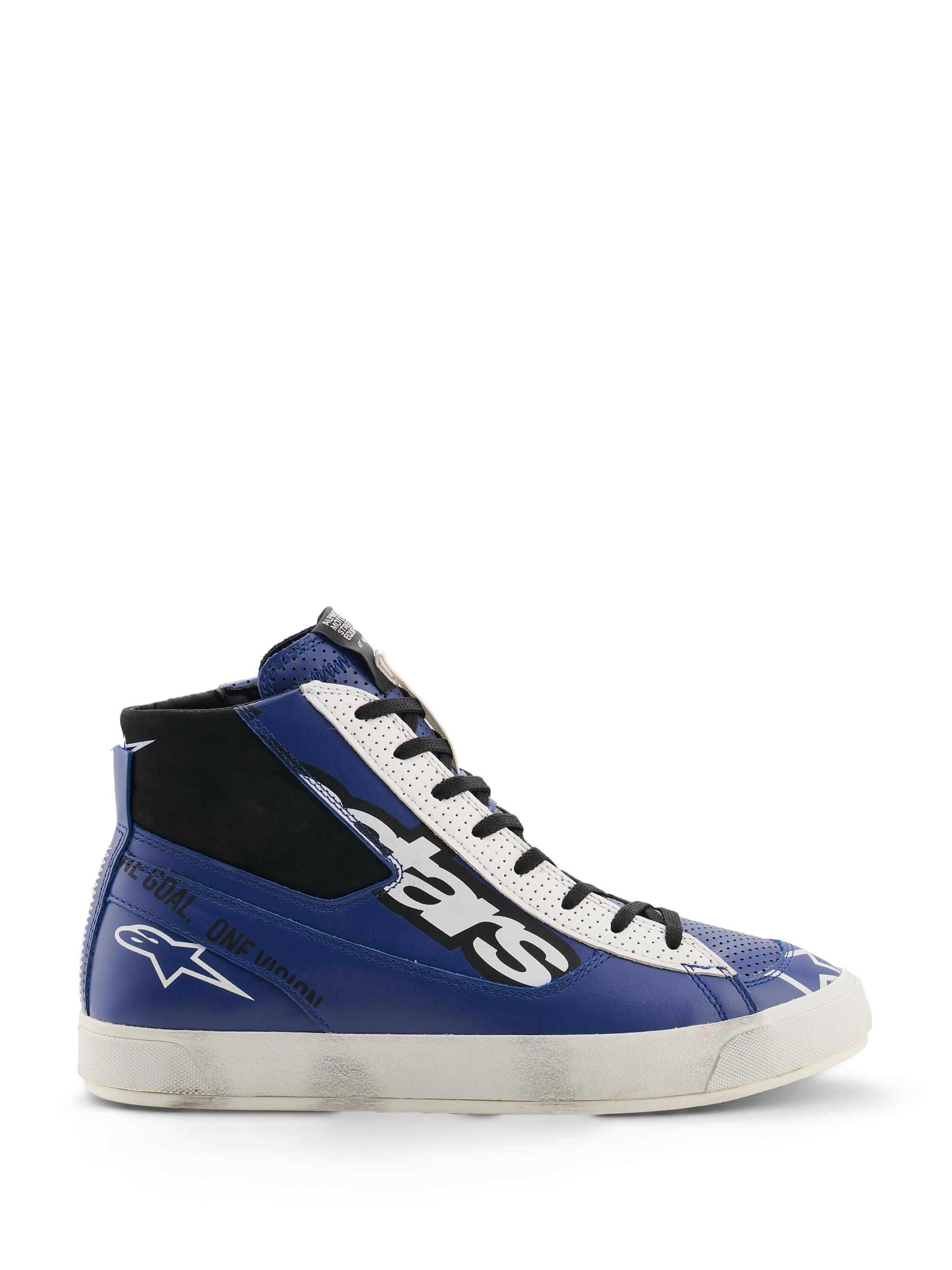 Sapatos Alpinestars Stated Flair, sapatos de motociclismo urbano, azul brilhante, branco e preto, construção em pele de cano alto com um grande logótipo de estrelas branco e preto, texto 'One Goal. One Vision.' na lateral e uma sola vulcanizada branca de inspiração vintage com efeito de desgaste aplicado à mão.