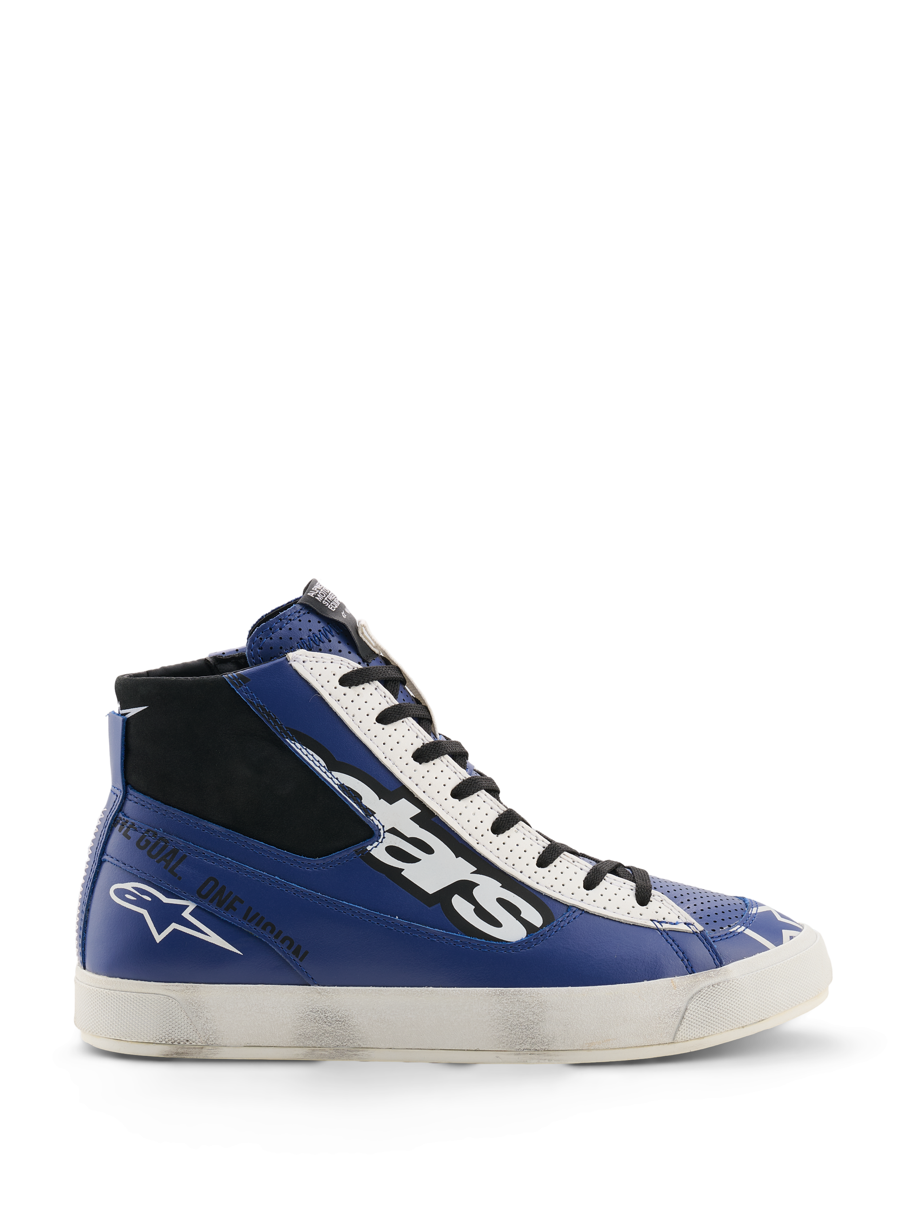 Sapatos Alpinestars Stated Flair, sapatos de motociclismo urbano, azul brilhante, branco e preto, construção em pele de cano alto com um grande logótipo de estrelas branco e preto, texto 'One Goal. One Vision.' na lateral e uma sola vulcanizada branca de inspiração vintage com efeito de desgaste aplicado à mão.