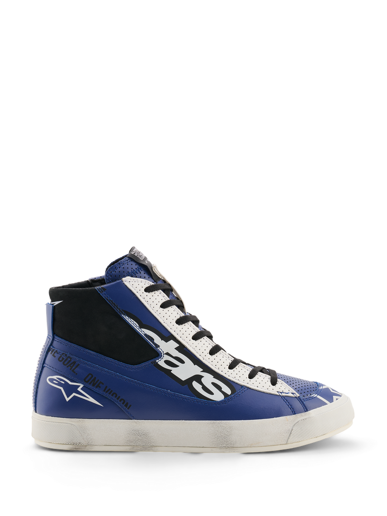 Alpinestars Stated Flair Shoes, sapatilhas altas de cano alto, azuis, pretas e brancas, corpo em pele azul, calcanhar preto, sola branca, secções perfuradas brancas na biqueira e língua, logótipo de estrela branca