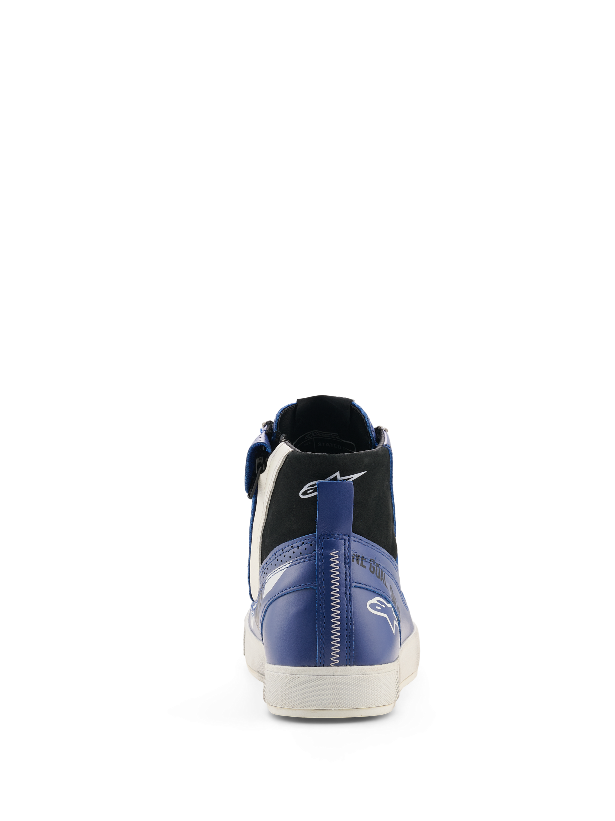 Sapatos Alpinestars Stated Flair, sapatos de motociclismo urbano, azul vivo, branco e preto, vista traseira com colarinho superior preto e logótipo Astars branco, calcanhar em pele azul com costura vertical branca e sola de borracha vulcanizada branca.