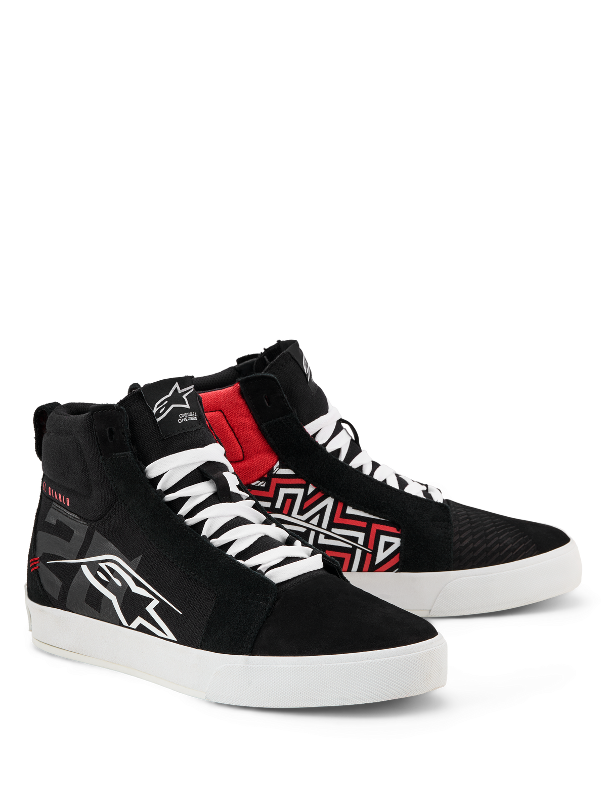 Alpinestars FQ20 Ride-63 Canvas Shoes, Casual Street Riding Shoes, Black White and Bright Red, high-top canvas design with white laces and soles, featuring Alpinestars logos and red geometric graphics, motorsport-inspired lifestyle footwear