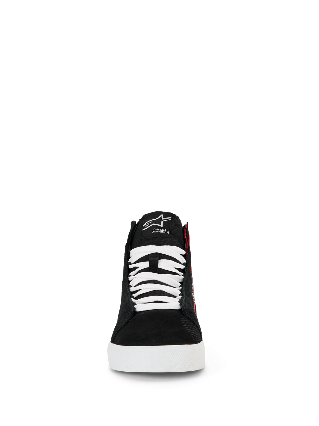 Alpinestars FQ20 Ride-63 Canvas Shoes, Urban Motorcycle Riding Shoes, Black White and Bright Red, front view of high-top silhouette with white laces, black canvas upper, and white sole, featuring embroidered tongue logo and casual skate-inspired design