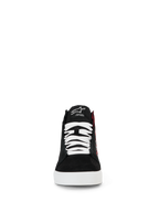 Alpinestars FQ20 Ride-63 Canvas Shoes, Urban Motorcycle Riding Shoes, Black White and Bright Red, front view of high-top silhouette with white laces, black canvas upper, and white sole, featuring embroidered tongue logo and casual skate-inspired design