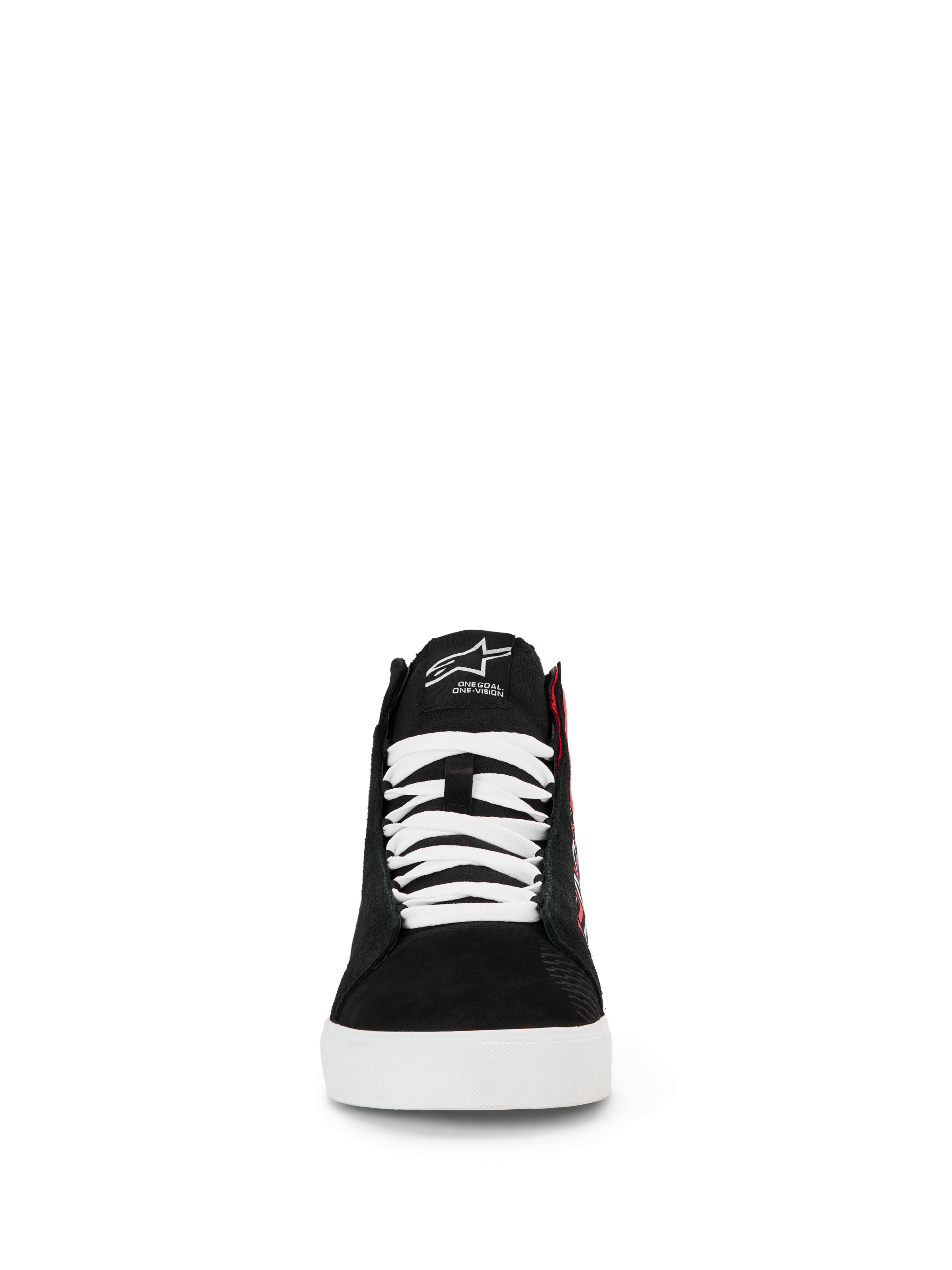 Alpinestars FQ20 Ride-63 Canvas Shoes, Urban Motorcycle Riding Shoes, Black White and Bright Red, front view of high-top silhouette with white laces, black canvas upper, and white sole, featuring embroidered tongue logo and casual skate-inspired design
