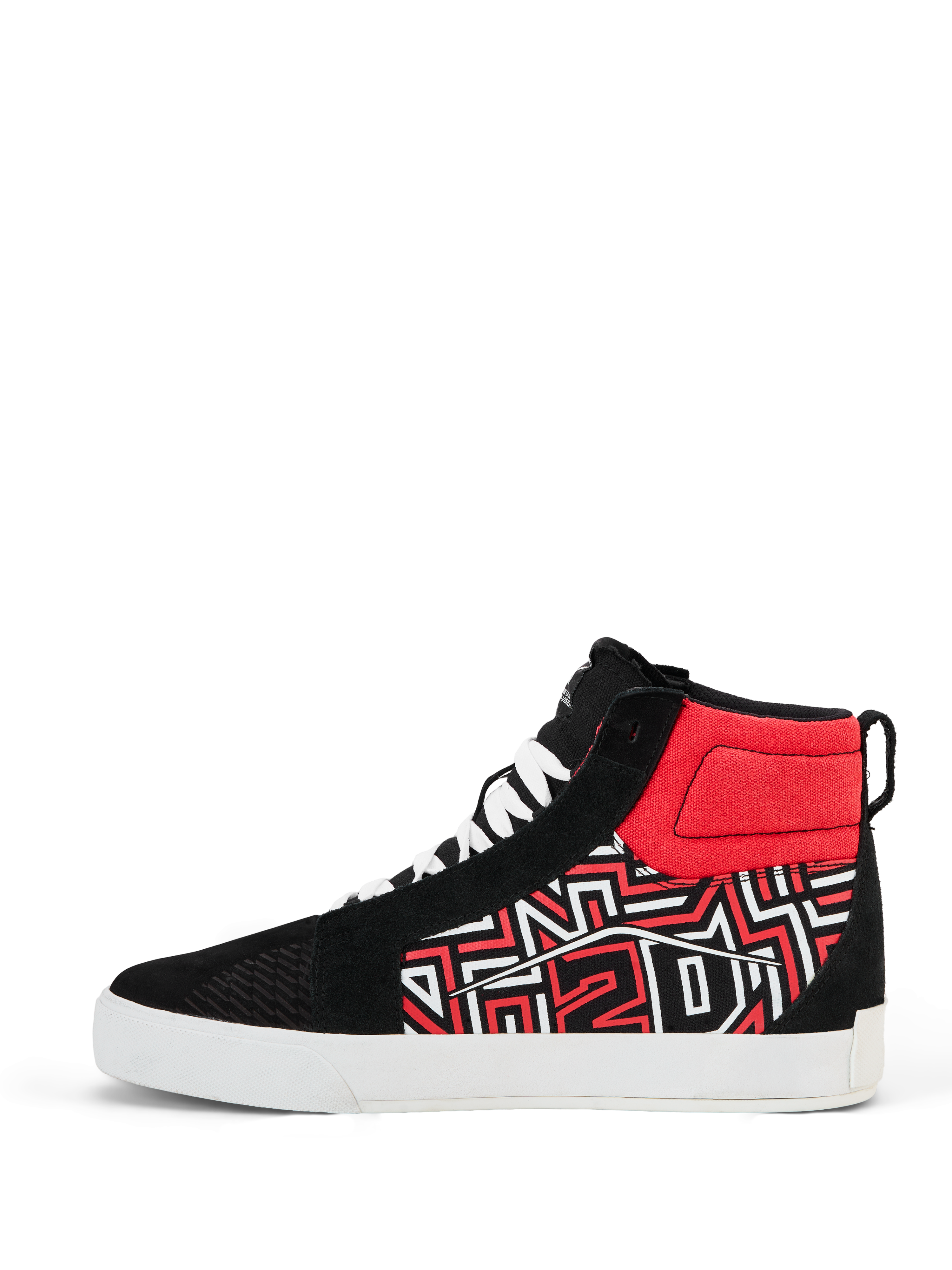 Alpinestars FQ20 Ride-63 Canvas Shoes, High-Top Motorcycle Riding Shoe, Black White and Bright Red, featuring a stylized graphic pattern on the side, white laces, and a thick white vulcanized sole, casual skate-style design for urban riding