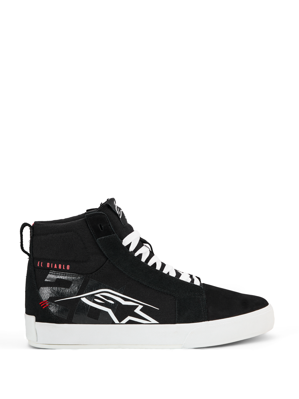 Sapatos Alpinestars FQ20 Ride-63 Canvas, sapatos de condução urbana de cano alto pretos, logótipo Alpinestars branco e texto "EL DIABLO" vermelho na lateral, sola e atacadores brancos, calçado casual urbano para motociclista