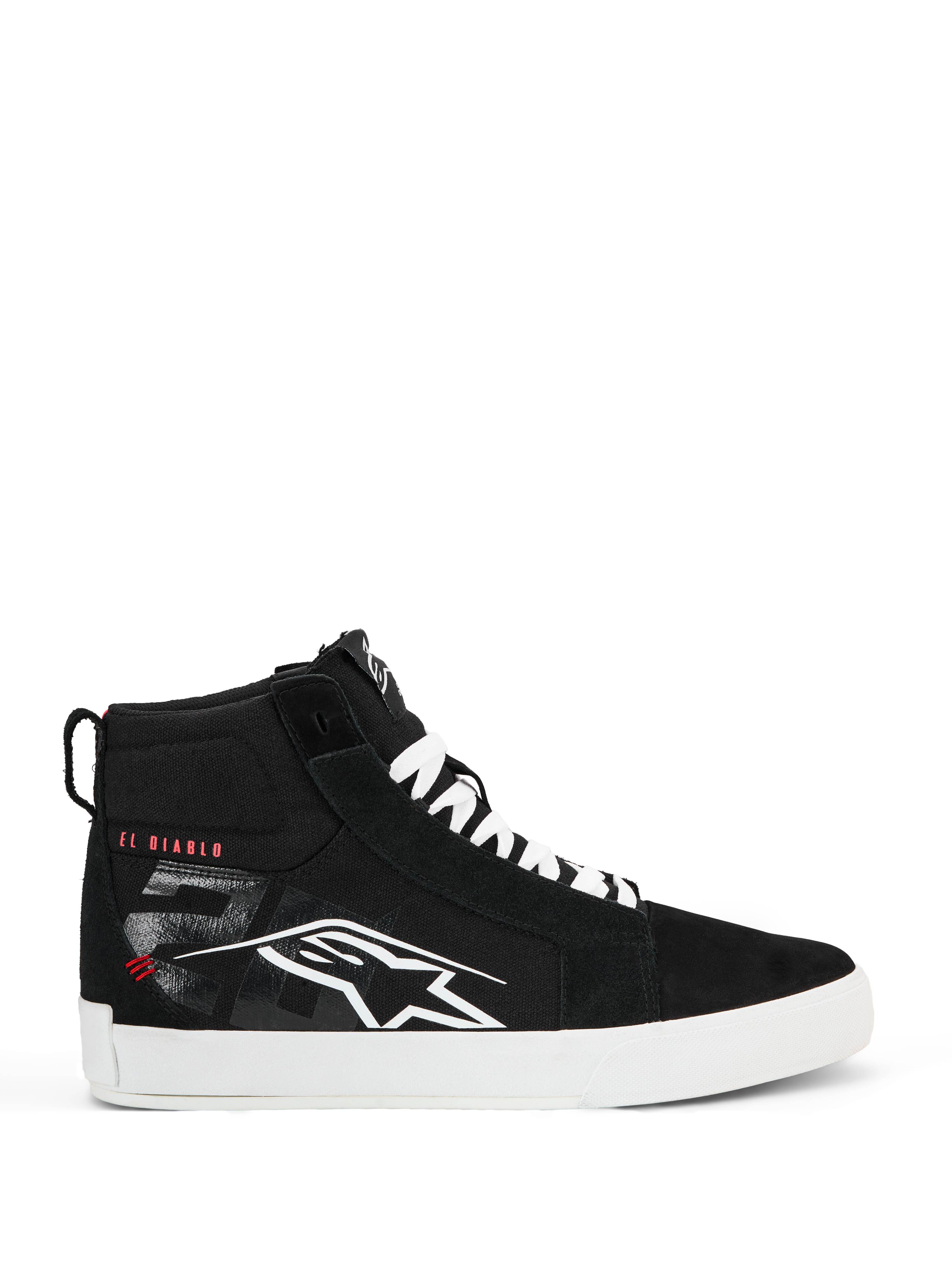 Alpinestars FQ20 Ride-63 Canvas Shoes, black high-top street riding shoes, white Alpinestars logo and red "EL DIABLO" text on the side, white sole and laces, casual urban motorcycle footwear