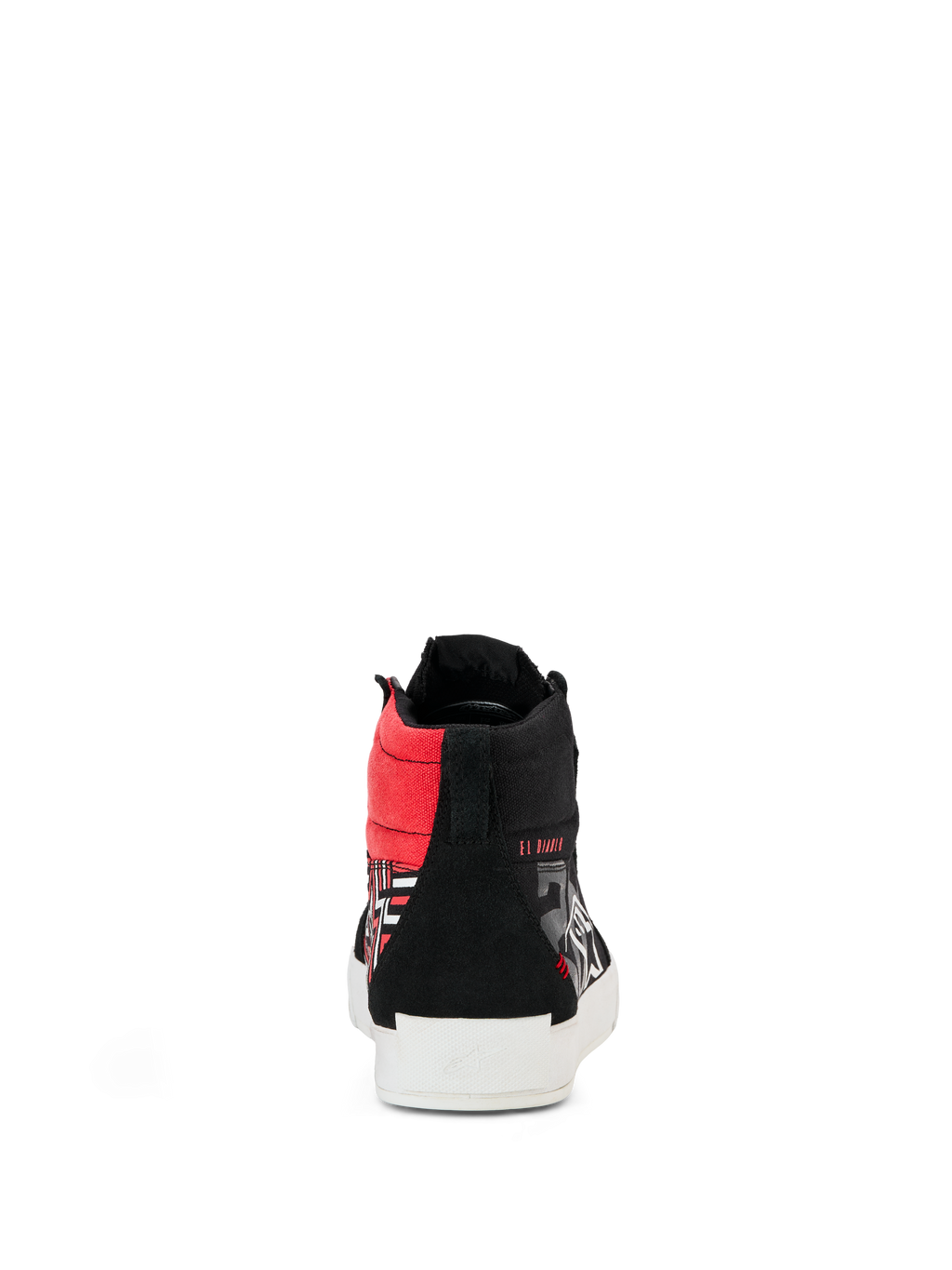 Alpinestars FQ20 Ride-63 Canvas Shoes, rear view, black canvas high-top with bright red accents and white vulcanized sole, featuring 'EL DIABLO' branding, casual urban riding footwear