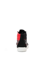 Alpinestars FQ20 Ride-63 Canvas Shoes, rear view, black canvas high-top with bright red accents and white vulcanized sole, featuring 'EL DIABLO' branding, casual urban riding footwear