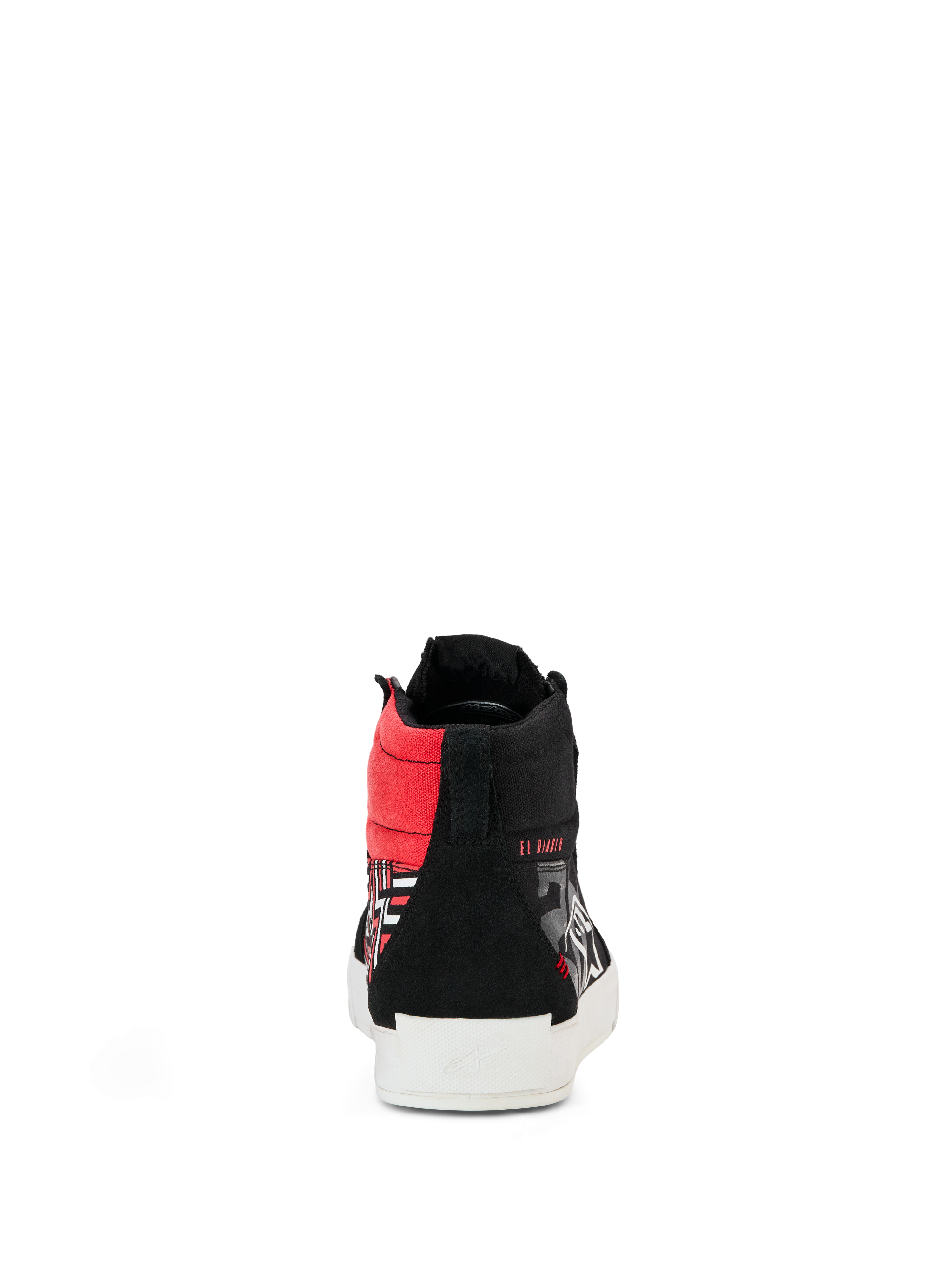 Alpinestars FQ20 Ride-63 Canvas Shoes, rear view, black canvas high-top with bright red accents and white vulcanized sole, featuring 'EL DIABLO' branding, casual urban riding footwear