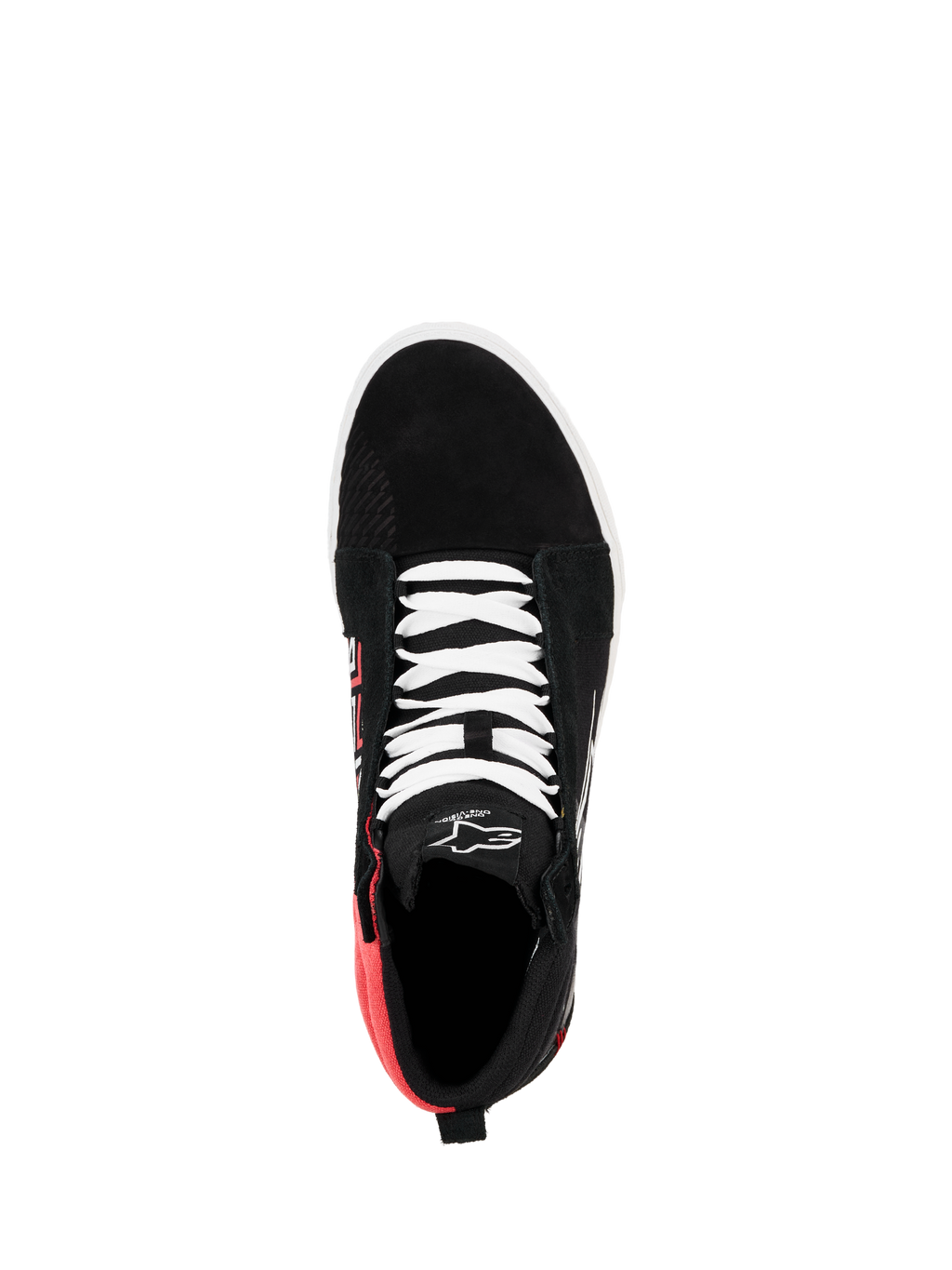 Alpinestars FQ20 Ride-63 Canvas Shoe, top-down view, Black with white laces and Bright Red heel section, high-top casual riding shoe with Alpinestars logo on the tongue