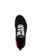 Alpinestars FQ20 Ride-63 Canvas Shoe, top-down view, Black with white laces and Bright Red heel section, high-top casual riding shoe with Alpinestars logo on the tongue