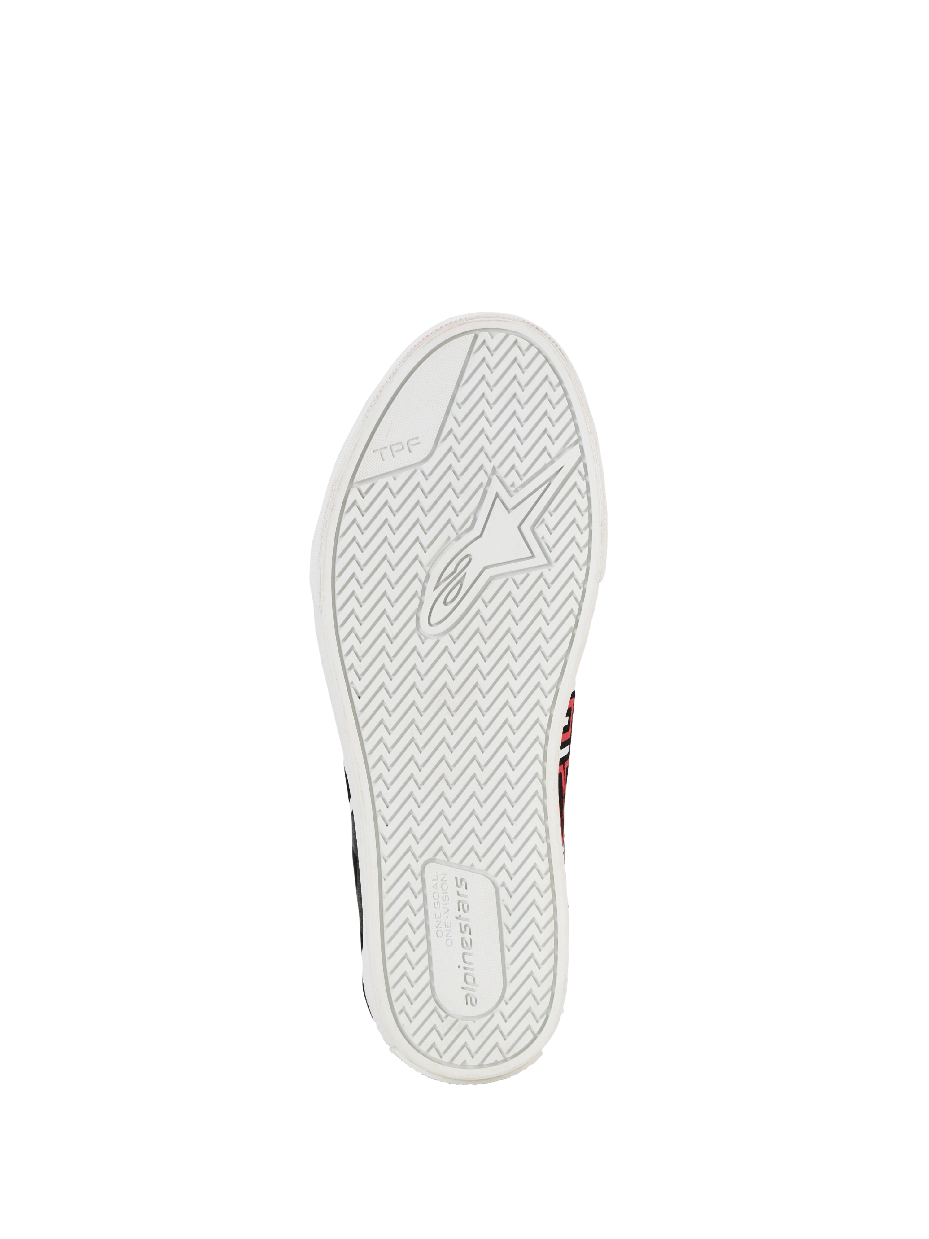 Alpinestars FQ20 Ride-63 Canvas Shoes, Urban Motorcycle Shoes, sole view featuring white vulcanized rubber with textured herringbone tread, Alpinestars logo and TPF marking, designed for grip and comfort on and off the bike.