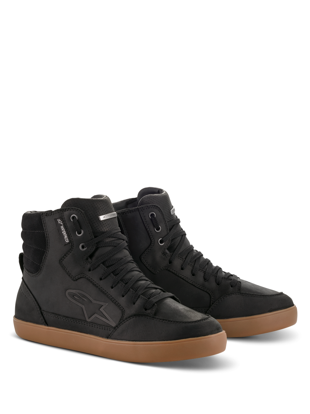 Alpinestars J-6 Waterproof Shoe, Black and Gum, High-top motorcycle riding shoes in premium leather, sneaker-style design with tan gum rubber sole, waterproof tag and embossed logo, urban casual look